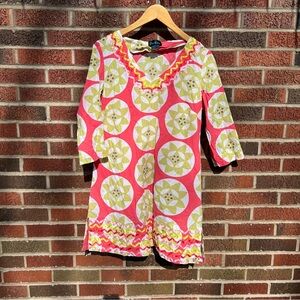 Borden Pink and Green Embroidered Hem V Neck Long Sleeve Shift Dress